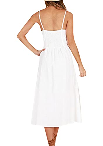 Image of YMING Womens Summer Spaghetti Strap Dresses Button Down Floral Sundress High Waist Swing Midi Dress with Pockets