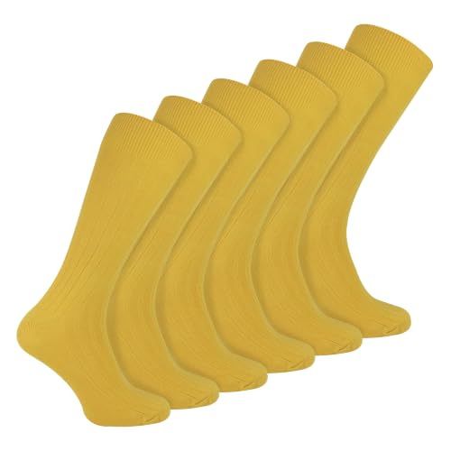 6 Pairs Multipack Mens Ribbed Dress Socks | Sock Snob | Breathable Crew Cotton Socks (6-11 Yellow)