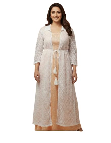 Das Enteprises Women's Lace Shrug, White, Long Maxi Length, 3/4 Sleeves, Tassel Tie Front-image-5