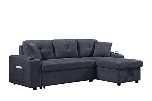 Biadnbz Reversible Sectional Sofa Sleeper With Storage Chaise Lounge And Cupholders, Modern L-Shaped Couch Sofabed With Pillows&Side Pockets For Living Room Apartment, Dark Gray #TOP4