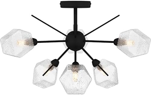 Quoizel Salvador Sputnik Semi-Flush Mount Ceiling Light Fixture, 24 Inch 6-Light 40W Earth Black Hanging Light with Clear Textured Glass for Hallway, Kitchen, Bedroom, Living Room or Office