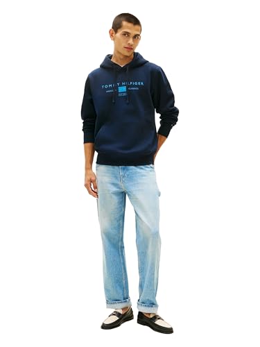 Image of Tommy Hilfiger Men's Medium Weight Cotton Hoodie Sweatshirt With Printed Stacked Chest Graphic