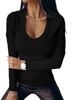 Chicrise Bluse Damen Pullover V Ausschnitt 2025 Fashion Sweatshirt Damen Leichte Schwarz 2XL 50-52