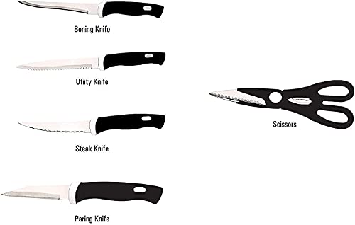 Image of 5-Piece Kitchen Knife Set with Wooden Block - Includes 4 Stainless Steel Kitchen Knives and Multi-Purpose Scissors with Hardwood Storage Stand (4 Knife Set + 1 Scissor + 1 Wooden Case)