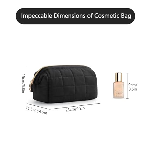 Image of Small Puffer Bag, Crescent Shoulder Bag for Women,Nylon Quilted Tote Handbags with Adjustable Strap (Black + Cosmetic Bag)