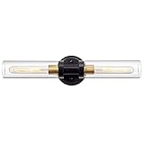 Bathroom Sconces Wall Lighting W/ Clear Glass, 2-Light Bathroom Vanity Light Fixtures, Modern Wall Lights for Mirror Living Room Hallway Stair, Black and Gold Brushed Brass, E26 T10 Bulbs(Excluded)