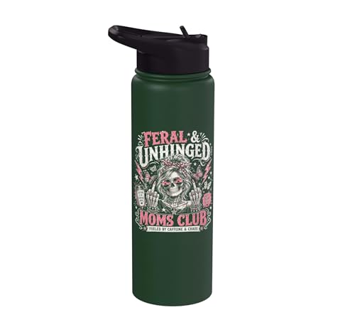 Feral Unhinged Moms Club Caffeine Chaos Skull Woman Retro Stainless Steel Insulated Water Bottle