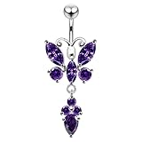 Monster Piercing - Piercing Nombril. Papillon en Argent Sterling 925 avec Pierres en Cristal Violet. Hypoallergénique, sans Plomb, sans Nickel.
