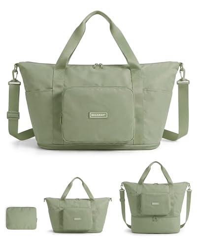 BAGSMART Foldable Travel Bag, 37L Expendable Personal Item Bag, Lightweight Weekender Bags for Women, Water Resistant Extra Carry on for Travel, Grayish Green