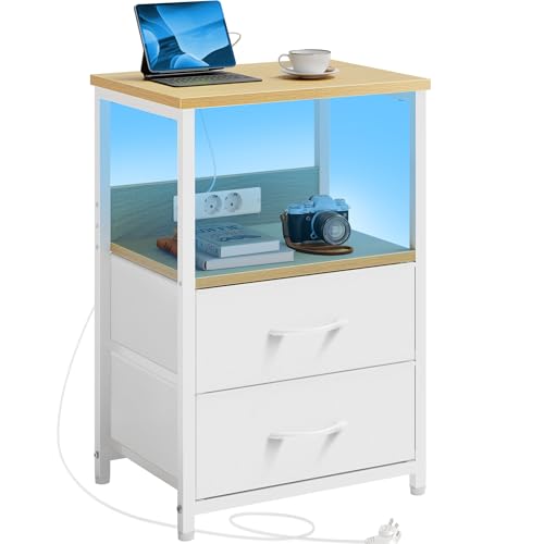 Seventable Table de Chevet avec Prise USB et 2 tiroirs - Table de Nuit connectée avec éclairage LED pour Chambre à Coucher, Salon ou canapé (Chêne Clair,...
