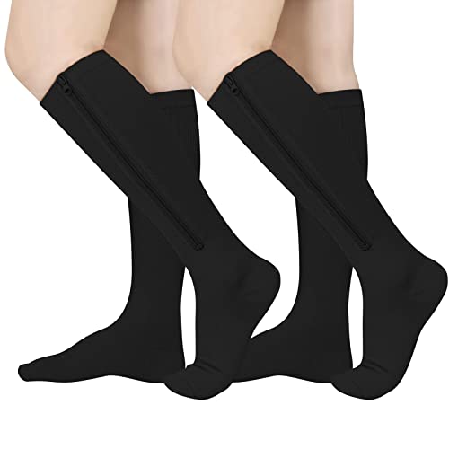 Image of Athbavib 2 Pairs Zipper Compression Socks, 15-20 mmHg Closed Toe Compression Stocking with Zipper for Women and Men