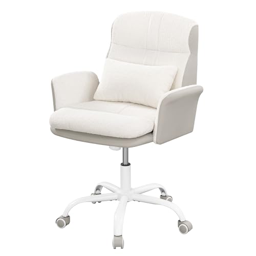 Hzuaneri Chaise de Coiffeuse avec Oreiller, Siège Pivotant à Bascule, Chaise de Bureau pour la CASA en Tissu Sherpa et PU, Idéal pour la Chambre, Le Bureau ou Le Salon, Beige-Blanc, OC00499WG