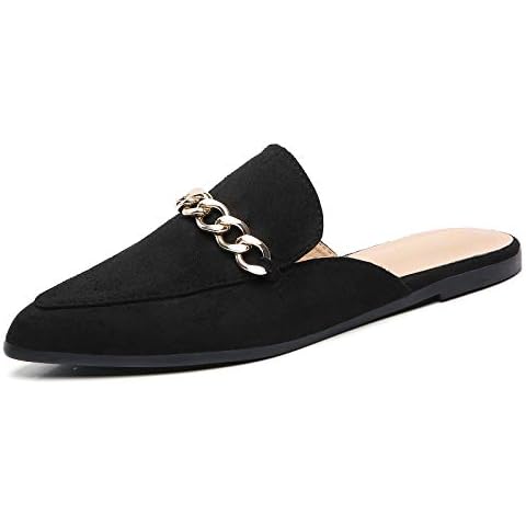 Tilocow Chain Mules for Women Round Toe Backless Flat Mules Comfortable Slides Mules Shoes Ladies Slip-on Loafers, R-black, 6.5 UK Cover