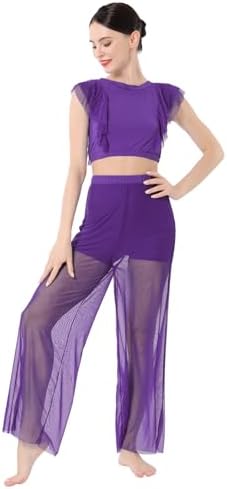 ODASDO Women Two Piece Lyrical Dance Costumes Criss Cross Crop Tops + Mesh Tulle Wide Leg Pants Modern Contemporary Dancewear