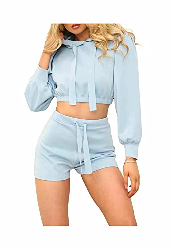 Ensemble 2 pièces femme haut court à capuche short manches bouffantes