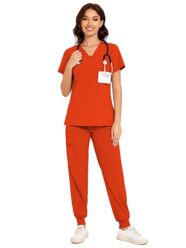 Scrubs for Women - V-Neck & Cargo Pants Scrubs Set, Red Tea, 5XL, Petite