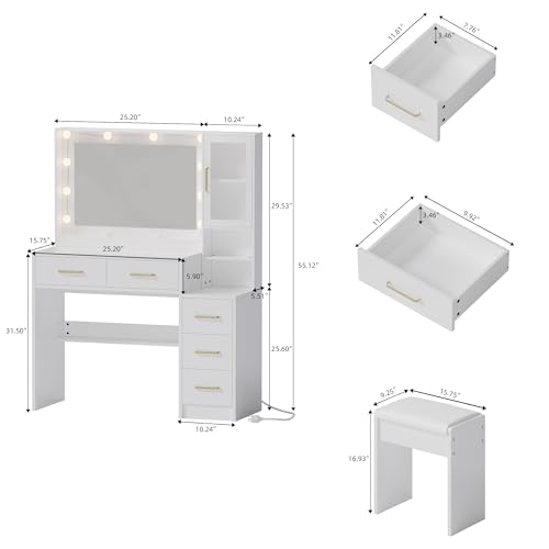 Image of 35.4 inch Makeup Vanity Desk with Charging Station, White Makeup Dressing Table with Mirror & Lights, 3 Lighting Modes Adjustable Brightness, Vanity Table with Power Outlet & 5 Drawers Gold Handle
