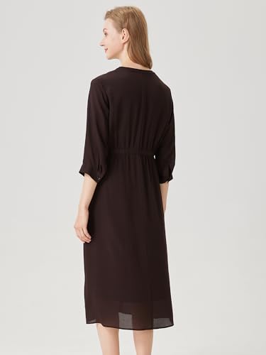 Spring Women's Casual 3/4 Sleeve Dress Mulberry Silk Flowy Dresses Crew Neck Relaxed-Fit Midi Dress3