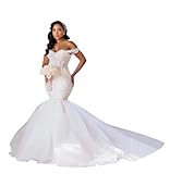 Off The Shoulder Mermaid Bridal Gown Crystal Beaded Tulle Lace Appliques Sweetheart Wedding Dress for Bride White PS01-14