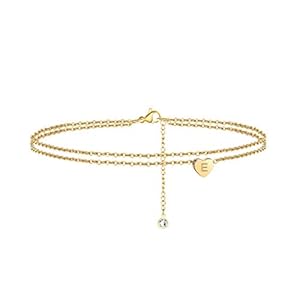 TINGN Heart Initial Ankle Bracelets for Women, 14K Gold Filled Handmade Dainty Layered Anklet Letter Initial Heart Ankle Bracelets for Women Beach Jewelry Gifts