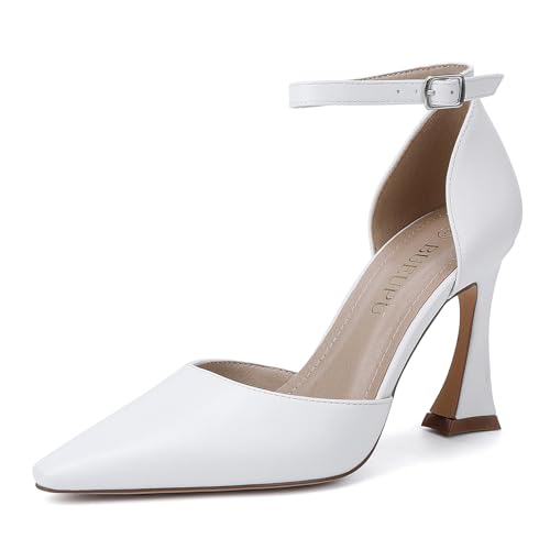 BUEUPU Women's 3.5In heigh Heels Pointed Closed Toe Ankle Strap Dress Shoes Comfortable White Pumps for Women (White PU. 7.5)