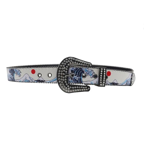 Unisex Studded Belt With Red Sun Snow Mountain Print Strap & Rhinestones Buckle2