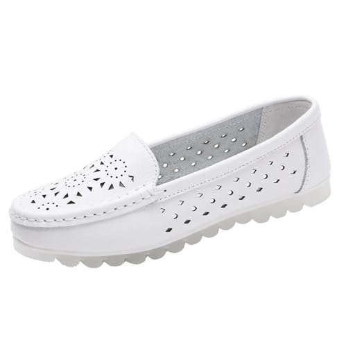 Fashionable Slip on Nurse Shoes, Women Platform Hollow Out Breathable Leather Non-Slip White Nursing Shoes, Casual Walking Driving Flats, Ideal for Medical Healthcare Crews(7.5)