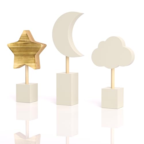 Image of 3 Pcs Wooden Moon and Stars Nursery Decor Boho Sky Cloud Nursery Shelf Decor Cute Children Baby Wall Decor for Nurseries Bedroom Kindergarten Classroom Playroom