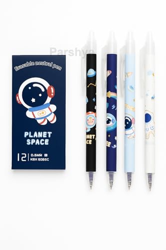 Image of KiddieWorld Erasable Gel Pens Pack of 12 | 0.5 mm Fine Tip | Blue & Black Ink | Built-in Soft Eraser | Space Theme Cute Pens for Kids, Students, School & Office