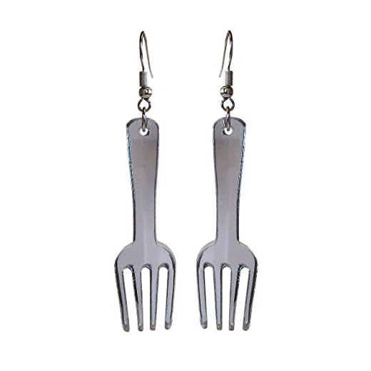 Unique Fork Dangle Statement Earrings with Nickel Free Hooks, Dinglehopper Mirrored Acrylic Funny Weird Earrings for Chefs, Servers and Cosplay