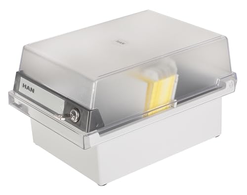 HAN 966-S-631, Card filing box Special Edition A6 landscape. Innovative, attractive design holds 800 cards with lock, readjustable lid supplied with large inscription label, light-grey-translucent