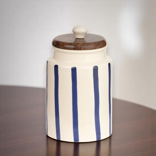 Image of Airtight Ceramic Jar - 900ml Each - Wooden Lid - Kitchen Containers for Sugar, Tea, Salt, Pickles, Pulses & More (Blue Lines)