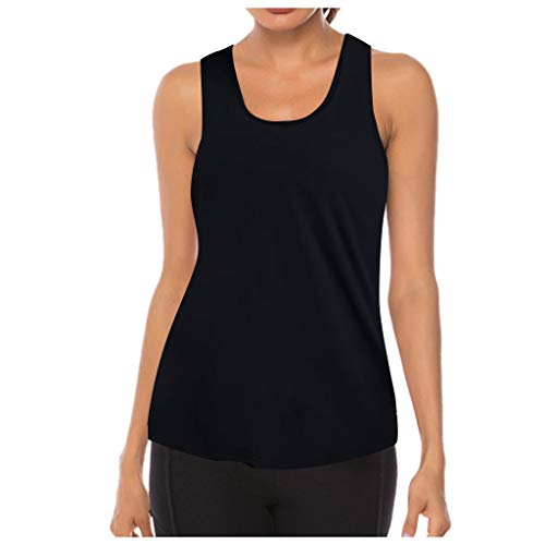 hahuha Camisetas de mujer que absorben la humedad, sin mangas, cuello redondo, sin espalda, transpirables, para yoga, para mujer, poliéster y elastano, Negro, L
