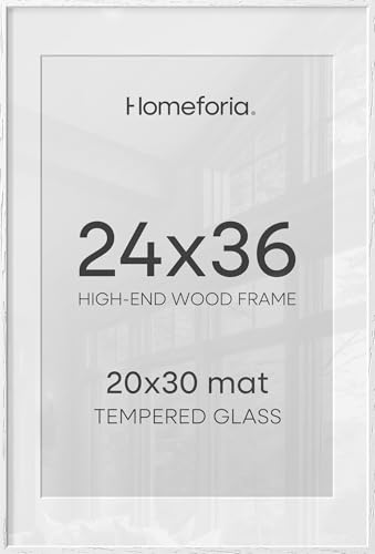 Image of Homeforia White Picture Frame 24x36, High End Oak 24 x 36 Wood Poster Frame with Mat 20 by 30 for Photo, 24x36 Large Wooden Frame Matted to 20x30, 36x24 Thin Frames, Tempered Glass, Wall Kit, Set of 2