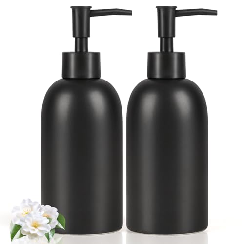Image of Natheeph Soap Dispenser Fill Dish Soap Hand Soap for Bathroom (2PC Black) | 14OZ, Great for Bathroom /Kitchen Sink, Ceramic Soap Pump Dispenser, Refillable Shampoo, Detergent, Lotion, Shower Gel