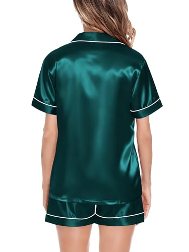 Image of SWOMOG Satin Matching Pajamas Sets Couple Silk Button Down Nightwear Women & Men Short Sleeve Sleepwear 2 Pieces Loungewear