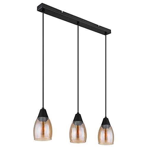 Globo Hängeleuchte Pendelleuchte Glas Esstischlampe schwarz 3 flammig, Amber Metall, 3x E27 Fassungen, LxBxH 55x10x120cm