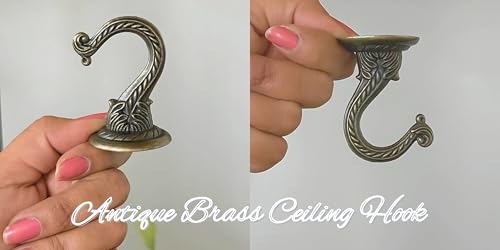 Indian Discovery Heavy Duty Antique Brass Ceiling Hooks for Hanging Plants, Wind Chimes, Lanterns, String Lights, Ornaments, and More (Set of 2, Decorative Metal Wall/Ceiling Brackets)