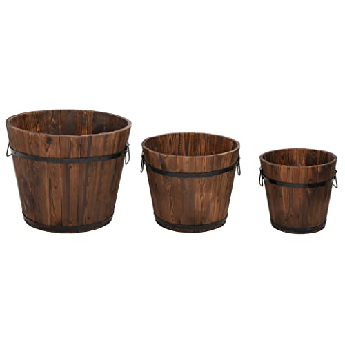 vidaXL Pflanzeimer Set 3 TLG., Pflanzkübel Set in 3 verschiedenen Größen, Blumentopf mit Metallgriffen, Pflanzgefäß Holzeimer, Massivholz Tanne
