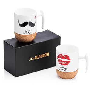 Love-KANKEI Mr and Mrs Ceramic Mugs with Novelty Cork Bottom – Wedding Gifts/Valentines Gifts for Couples – Set of 2/10.5 oz