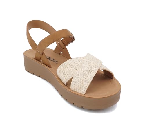 Image of Soda CHESTER ~ Women Flat Sandals Flatform Ankle Buckle Criss Cross Band Straps Sandals Shoes (Gold Raffia, 5.5)