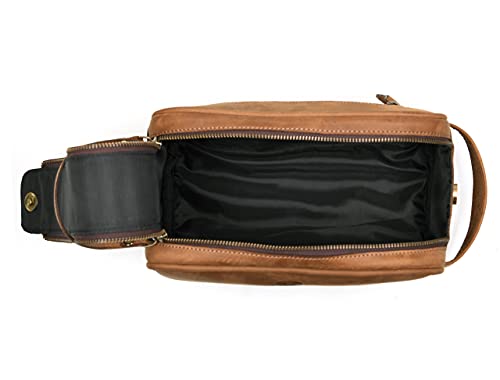 10" Premium Leather Toiletry Travel Pouch With Waterproof Lining | King-Size Handcrafted Vintage Dopp Kit By Aaron Leather Goods (Dark Brown - Dual Zipper)