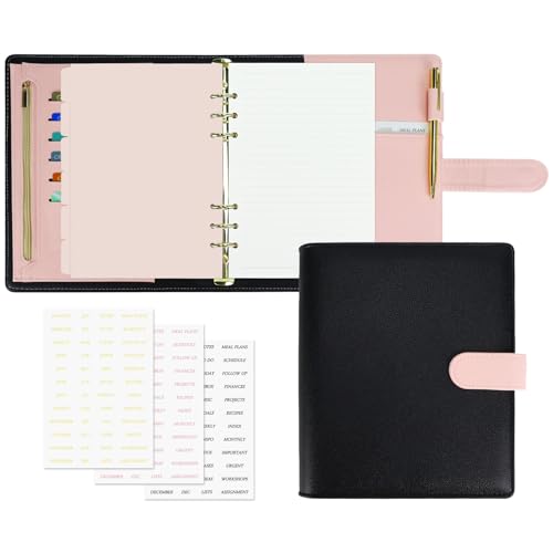 Koqye A5 Leather Binder Cover - Refillable 6-Ring Planner Organizer with Refill Paper, Dividers, Gold Pen & 3 Stickers, Leather Travel Journal Notebook Cover (Black & Pink)