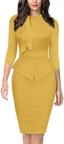 Women Dress for Women Elegant Tie Collar 3/4 Sleeve Formal Office Work Pencil Dress Yellow Large