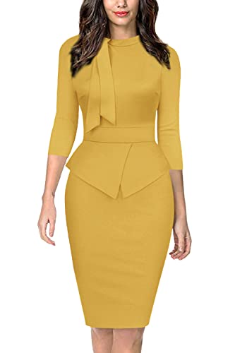 Moyabo Women Dress for Women Elegant Tie Collar 3/4 Sleeve Formal Office Work Pencil Dress Yellow Large