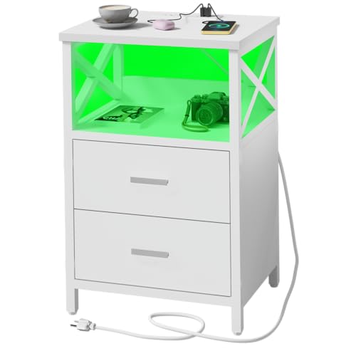 LED Nightstand with Charging Station, Side Table with USB Ports and Outlets, End Table for Small Spaces, White Bedside Tables with Fabric-Wood 2-in-1 Drawer for Bedroom, Living Room, Office