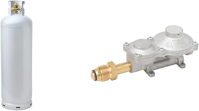 Flame King YSN100MLT-1 100LB Multi-Valve Propane Tank with High Capacity Filler, White & 2 Stage Propane LP Horizontal Super Compact Regulator with POL for RV, Vans, Trailers