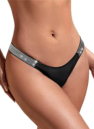 Evelust Women's Sexy Bikini Rhinestone Studded Panty, Bling Thongs Glitter Stretch G-Strings One Piece Underwear(Black, S, 1028E) #TOP22