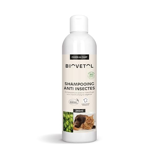 Biovetol - Shampoing Anti-puces et Anti-tiques pour Chien &Chat - Bio Certifié Ecocert - Élimine Les puces Les tiques Les moustiques - sans Produit Chimique...