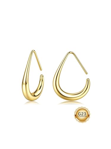 MILACOLATO G23 Titanium Gold Hoop Earrings Hypoallergenic 18K Gold Plated Teardrop Earrings for Women Trendy Large Oval Pull Through Lightweight Silver Hoop Earring Statement Jewelry for Women-G30